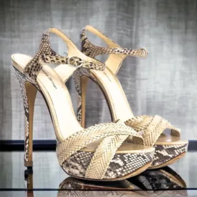 ALEXANDRE BIRMAN Beige Python Criss Cross Ankle Strap Platform Sandals, Size 36