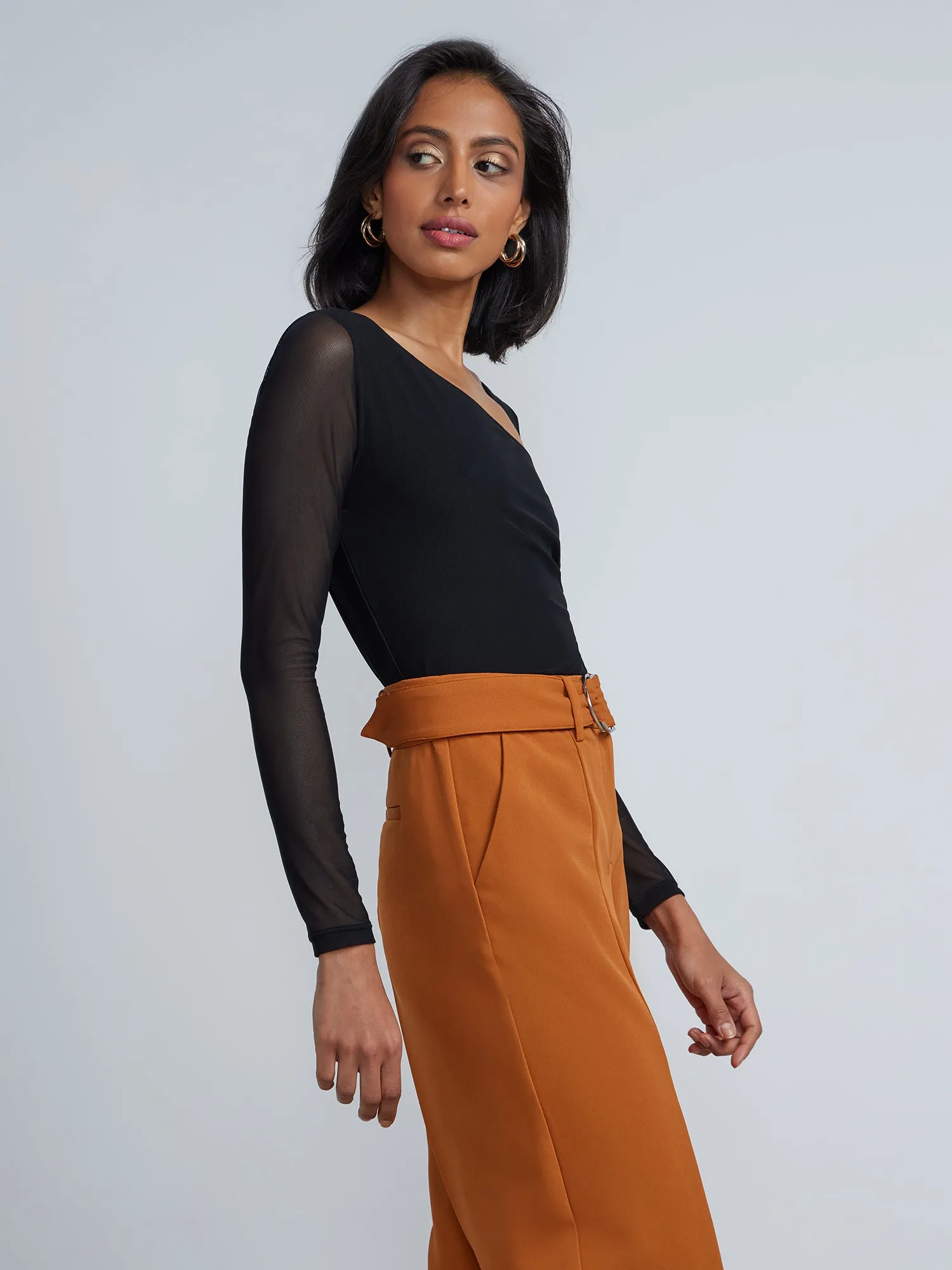 Asymmetric Neck Mesh Full Sleeve Top
