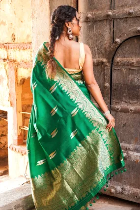 Banarasi  Pure Katan by Mashru Silk Handwoven  Saree - Sona Rupa - Kaduwa Green