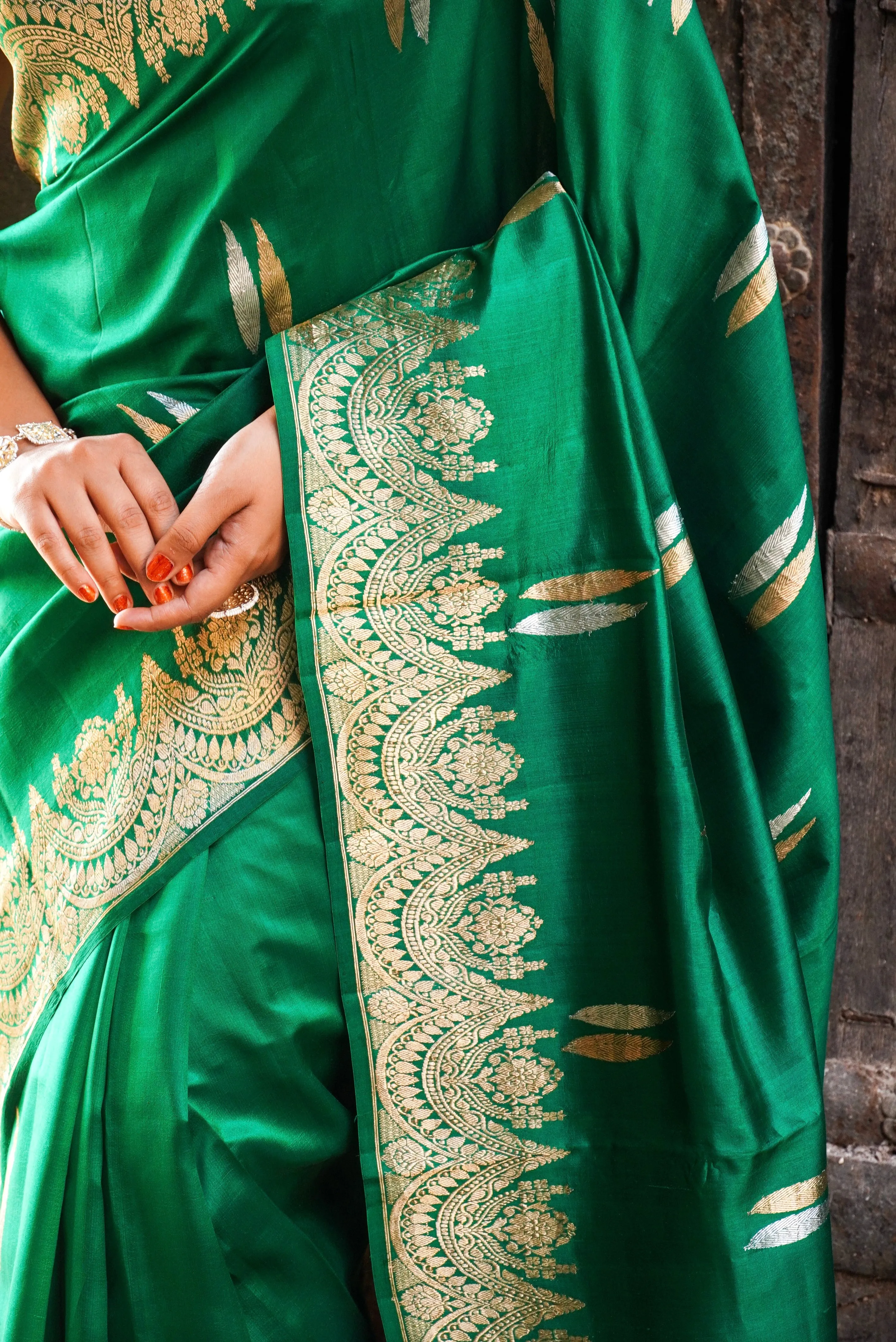 Banarasi  Pure Katan by Mashru Silk Handwoven  Saree - Sona Rupa - Kaduwa Green