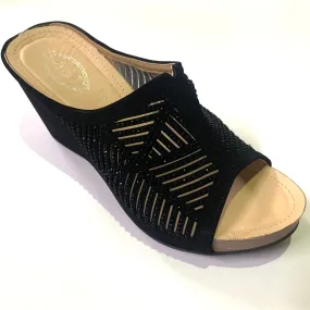Black Cut-Out Crystal Wedge Sandals