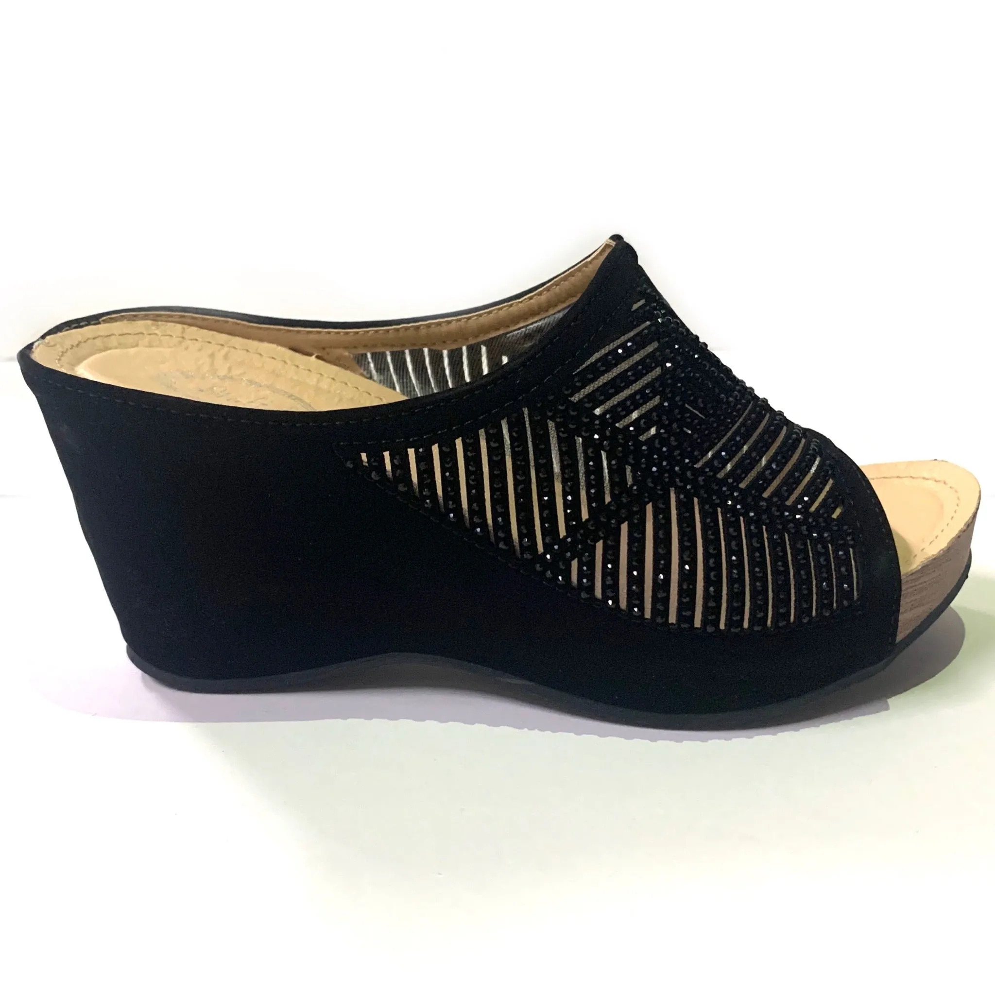 Black Cut-Out Crystal Wedge Sandals