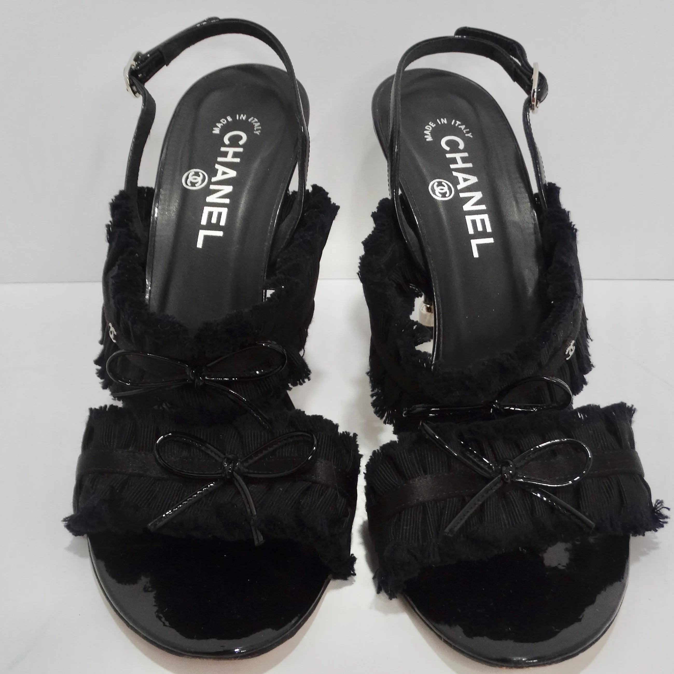 Chanel Black Grosgrain Canvas Bow Slingback Sandals