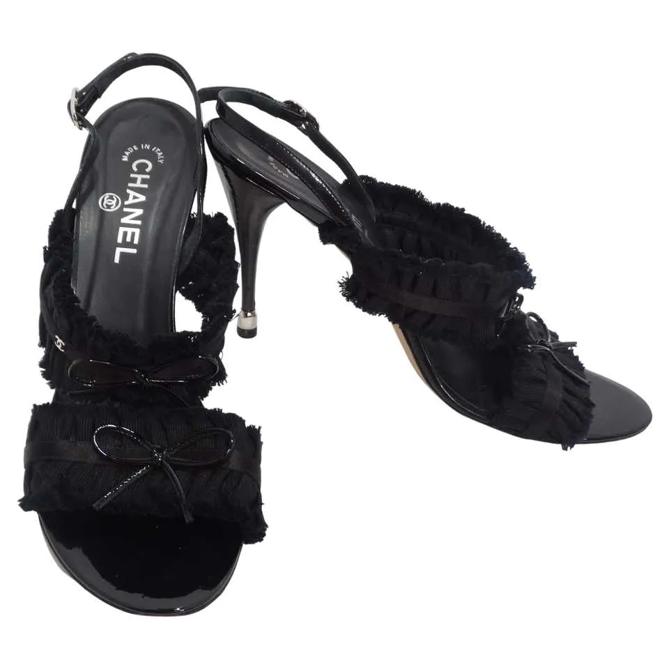 Chanel Black Grosgrain Canvas Bow Slingback Sandals
