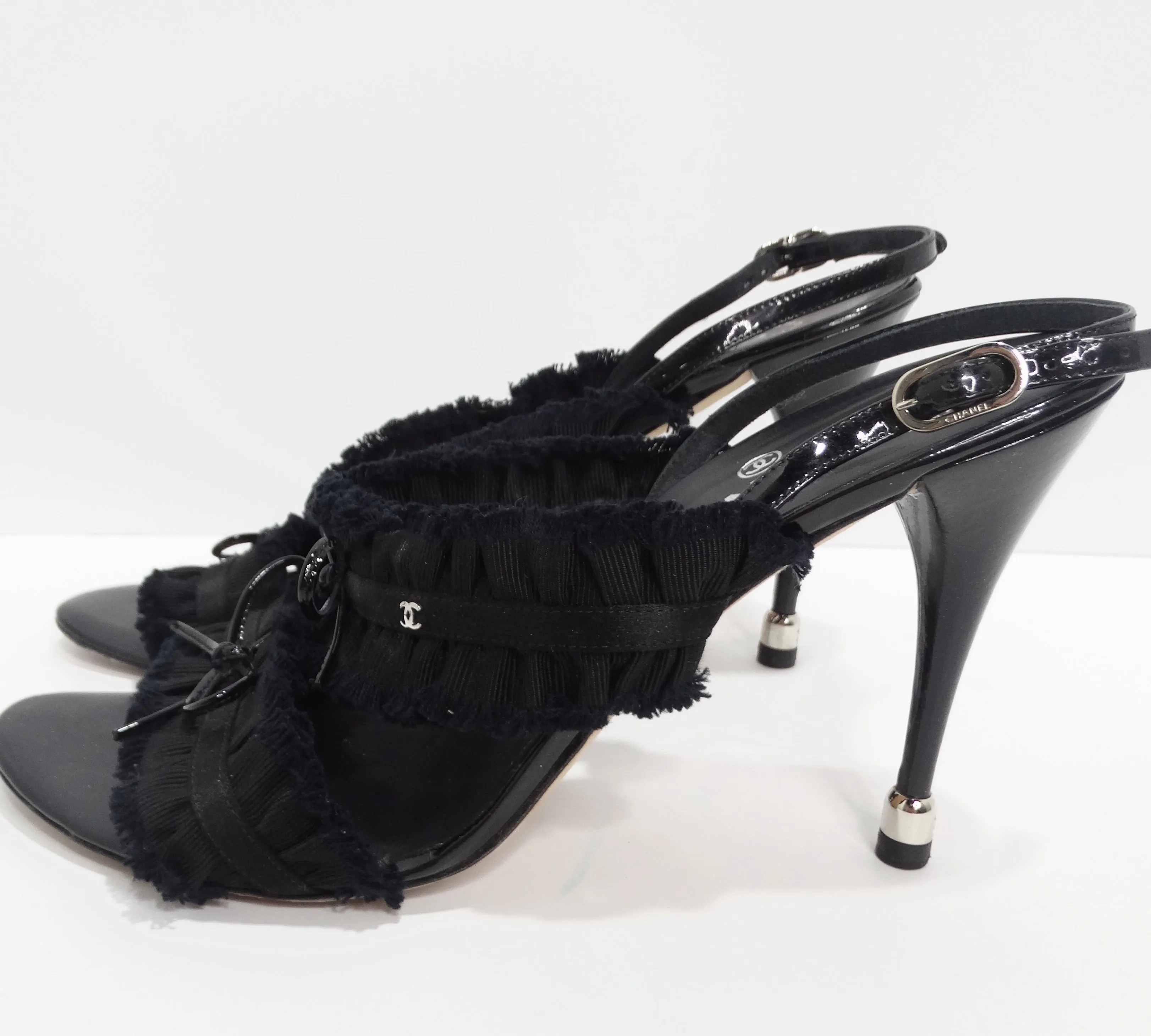 Chanel Black Grosgrain Canvas Bow Slingback Sandals