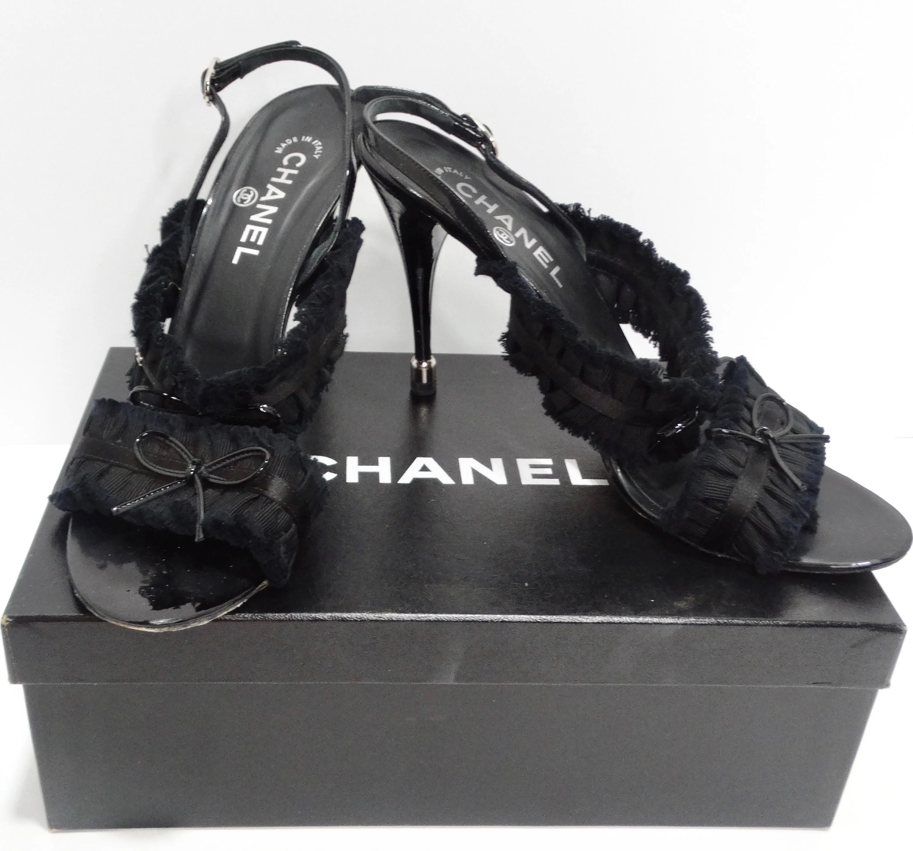 Chanel Black Grosgrain Canvas Bow Slingback Sandals