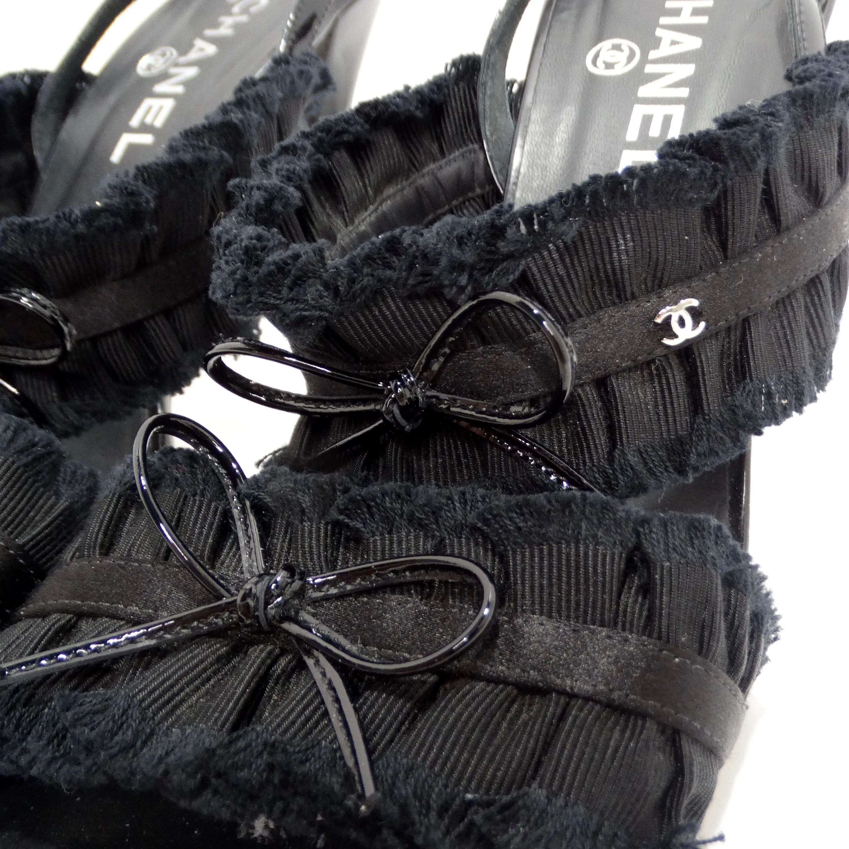 Chanel Black Grosgrain Canvas Bow Slingback Sandals