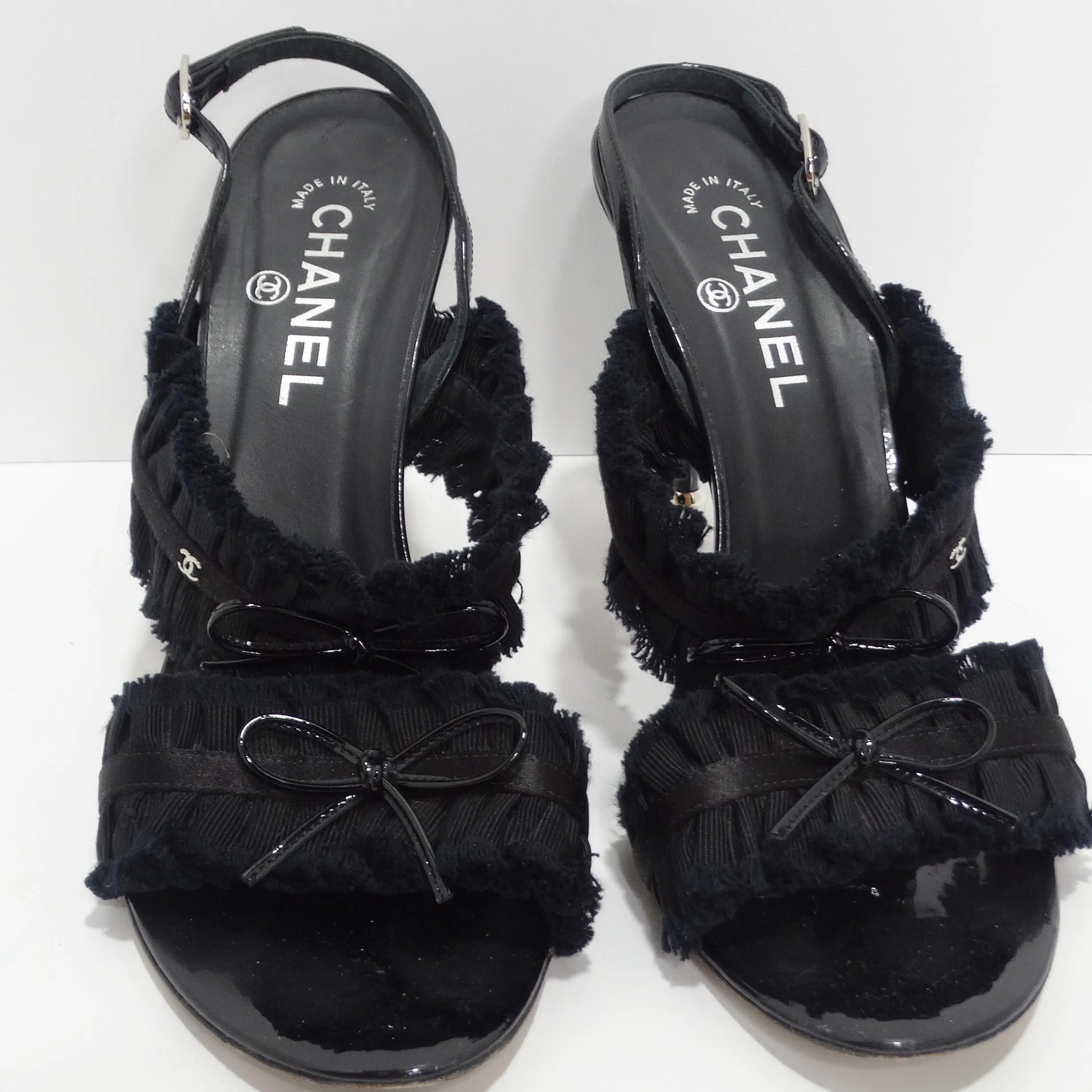Chanel Black Grosgrain Canvas Bow Slingback Sandals