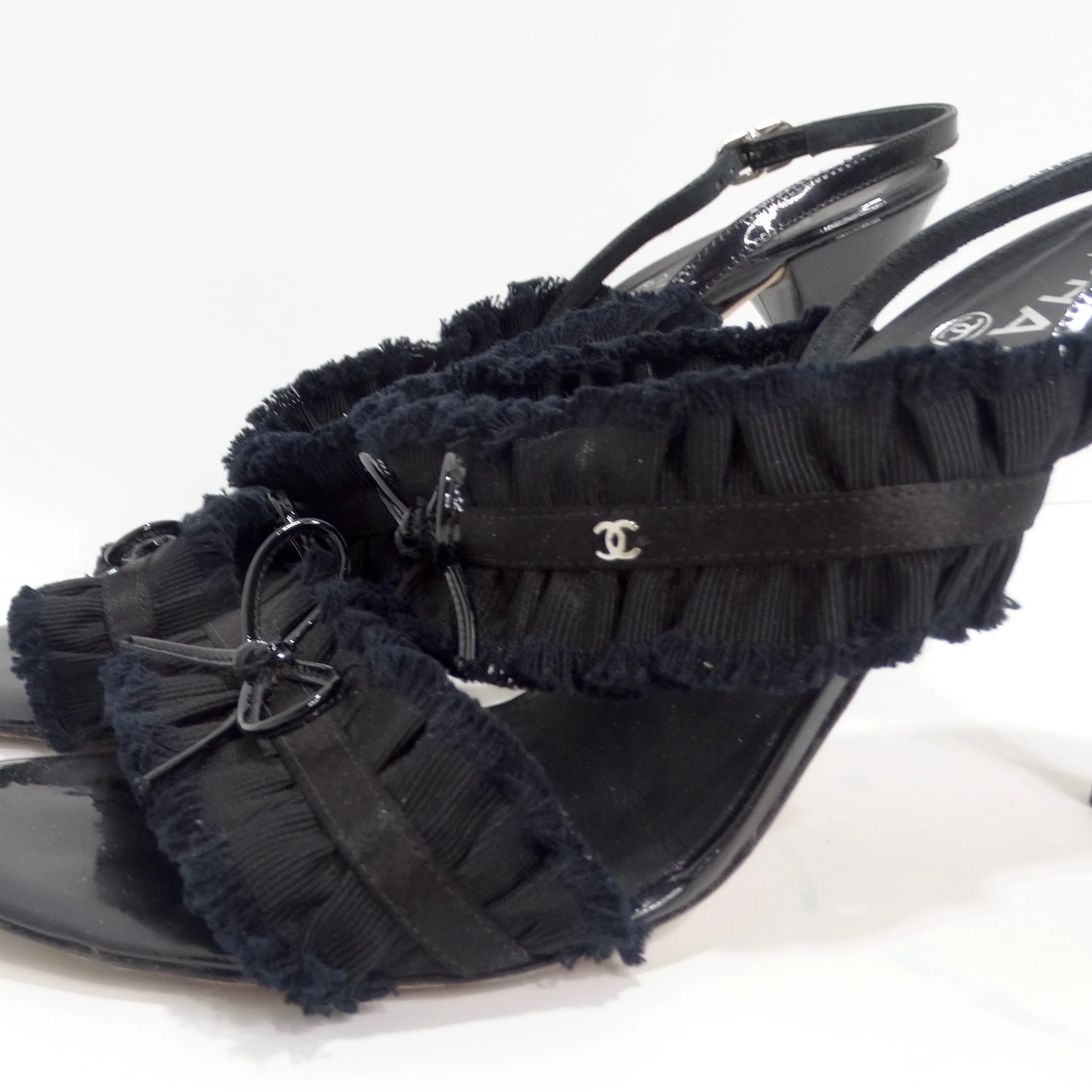 Chanel Black Grosgrain Canvas Bow Slingback Sandals