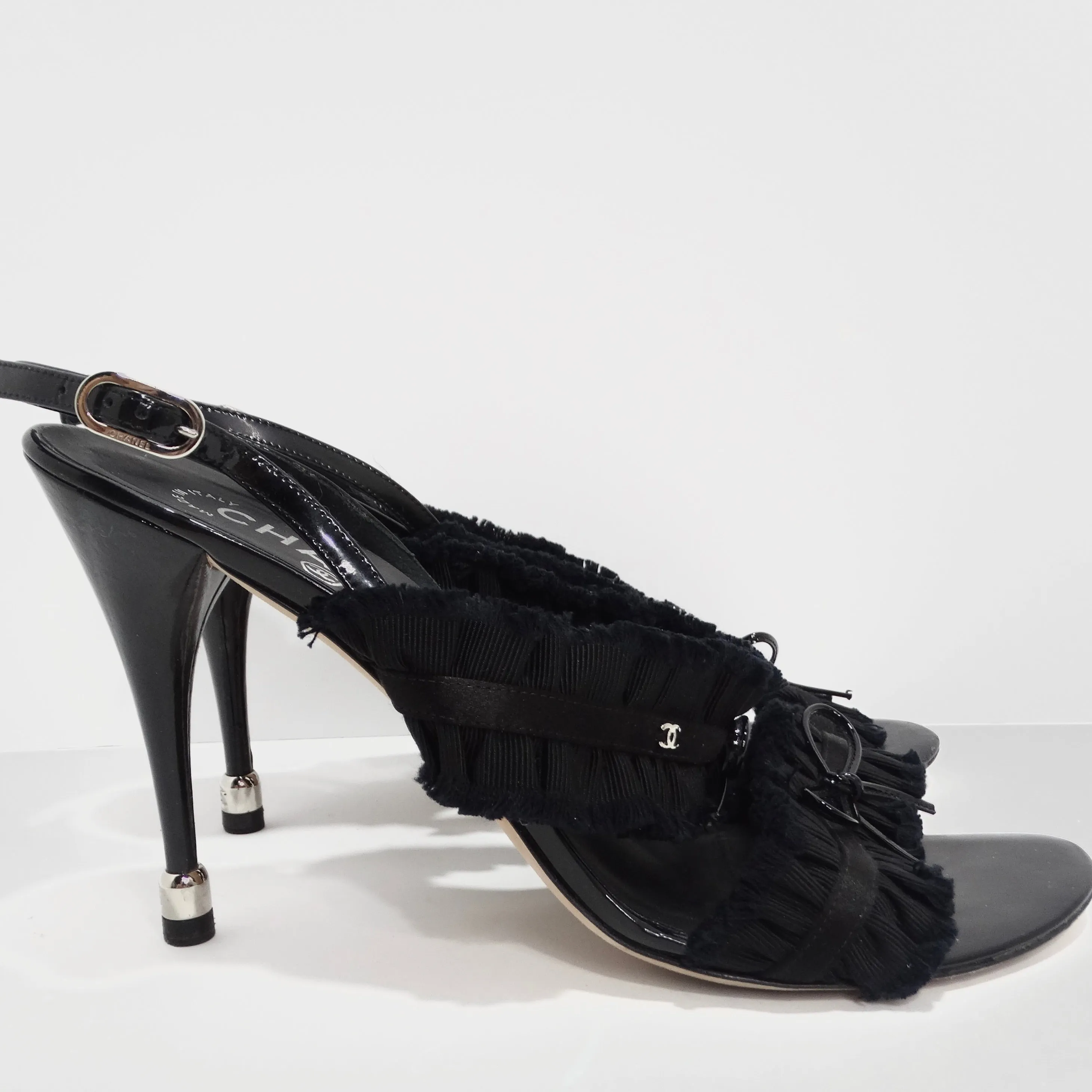 Chanel Black Grosgrain Canvas Bow Slingback Sandals