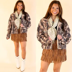 Chic Discovery Button Up Corduroy Animal Print Jacket with Crystal Fringe in Blush Pink and Black