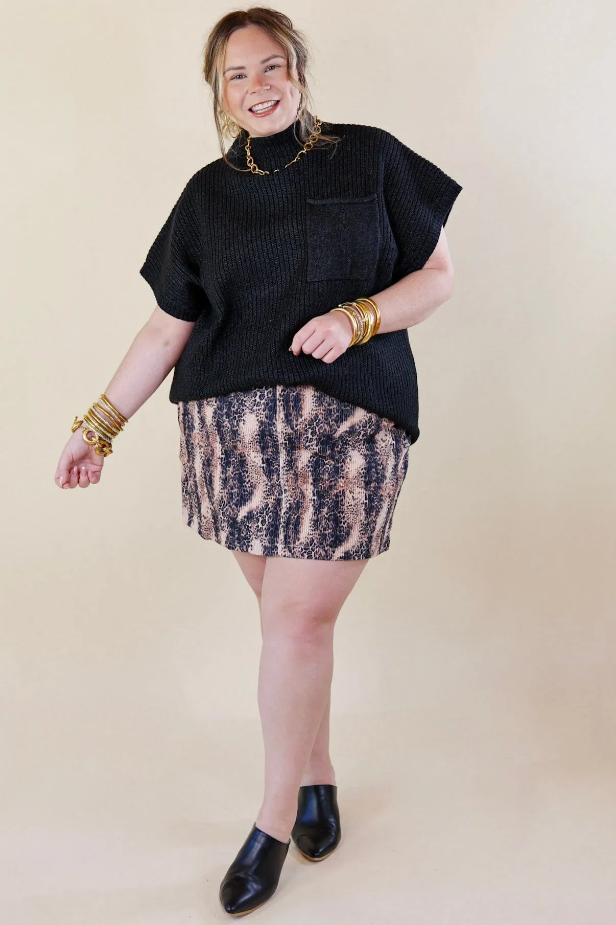 Chic Discovery Corduroy Animal Print Mini Skirt in Blush Pink and Black