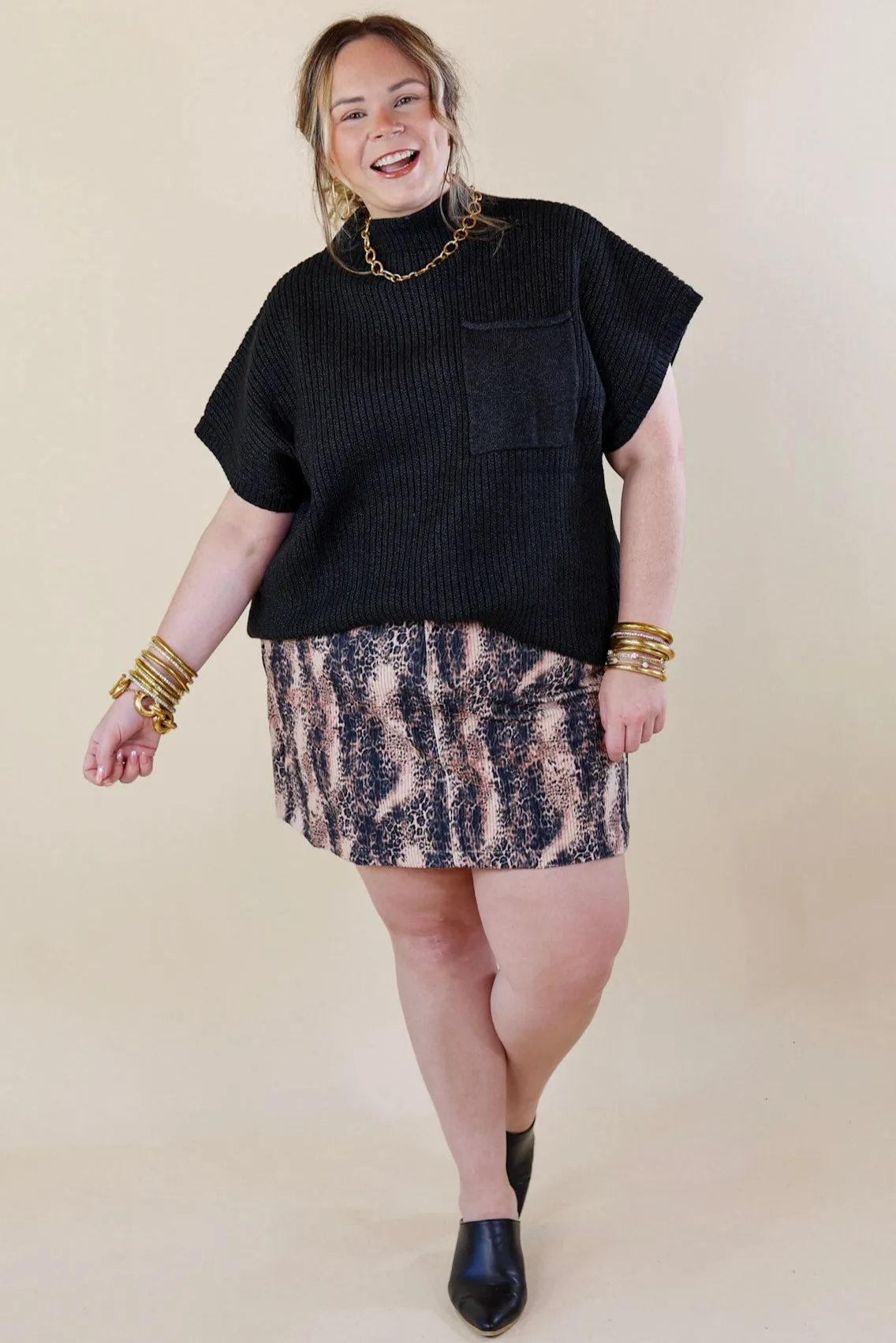 Chic Discovery Corduroy Animal Print Mini Skirt in Blush Pink and Black