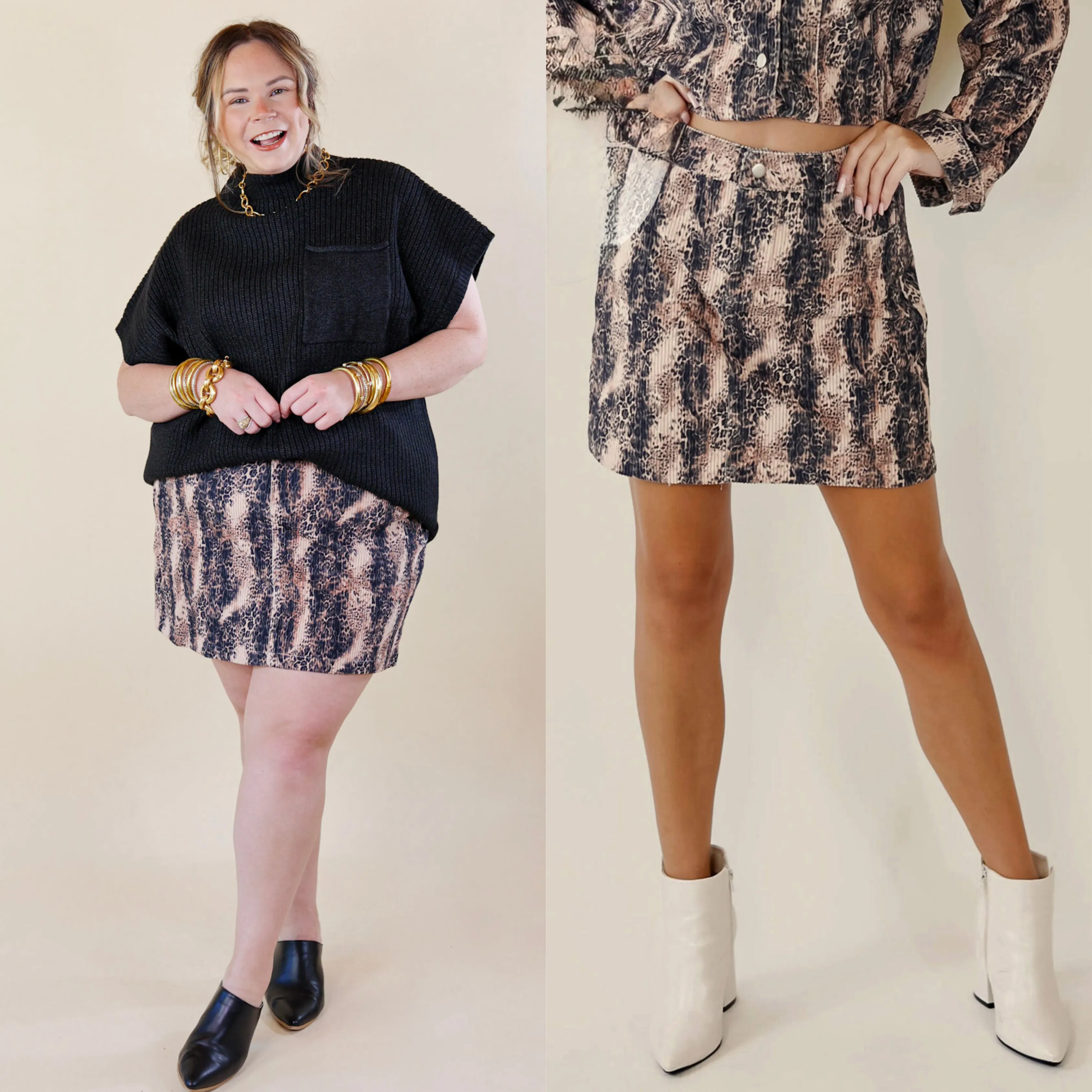 Chic Discovery Corduroy Animal Print Mini Skirt in Blush Pink and Black