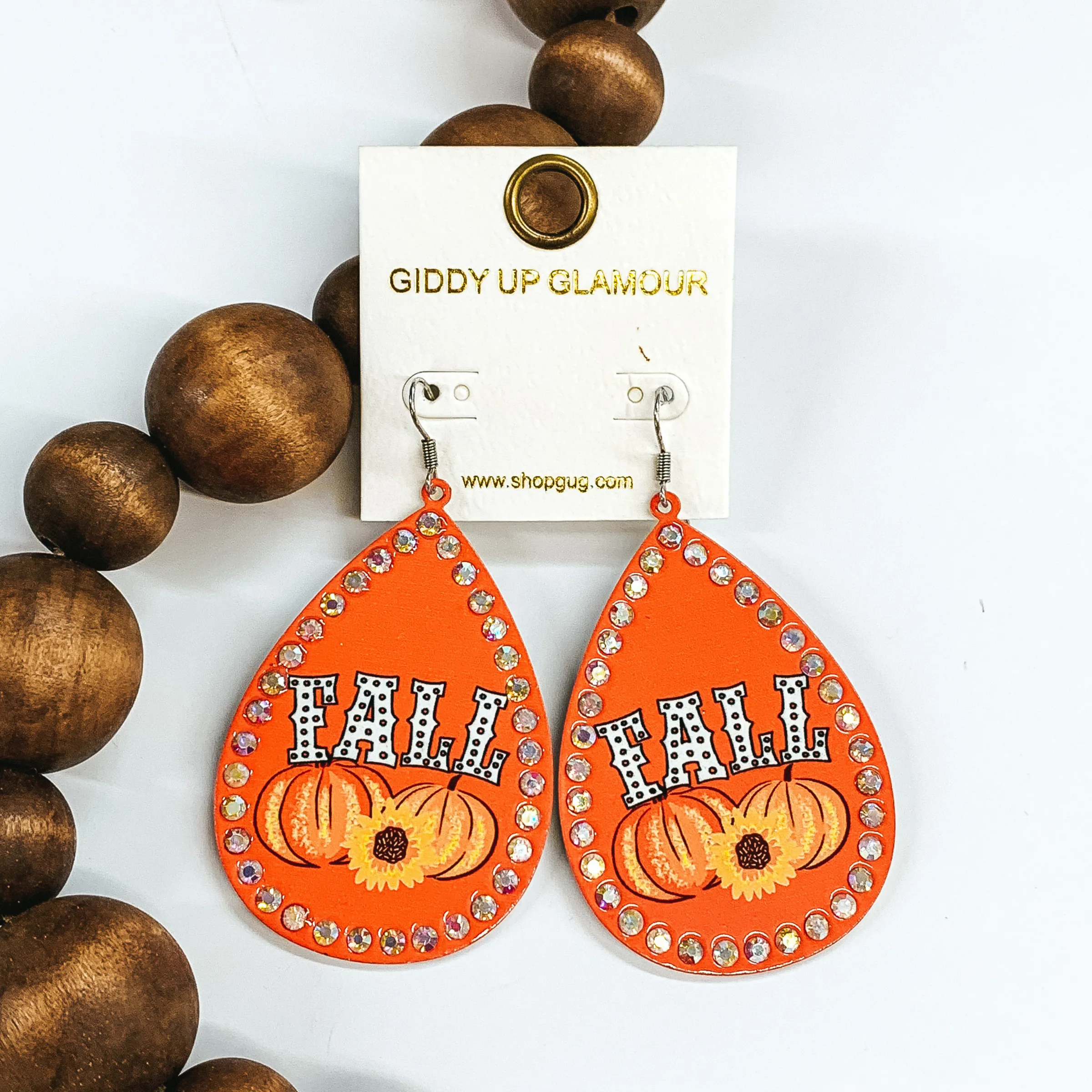FALL Orange Teardrop Earrings with AB Crystal Outline