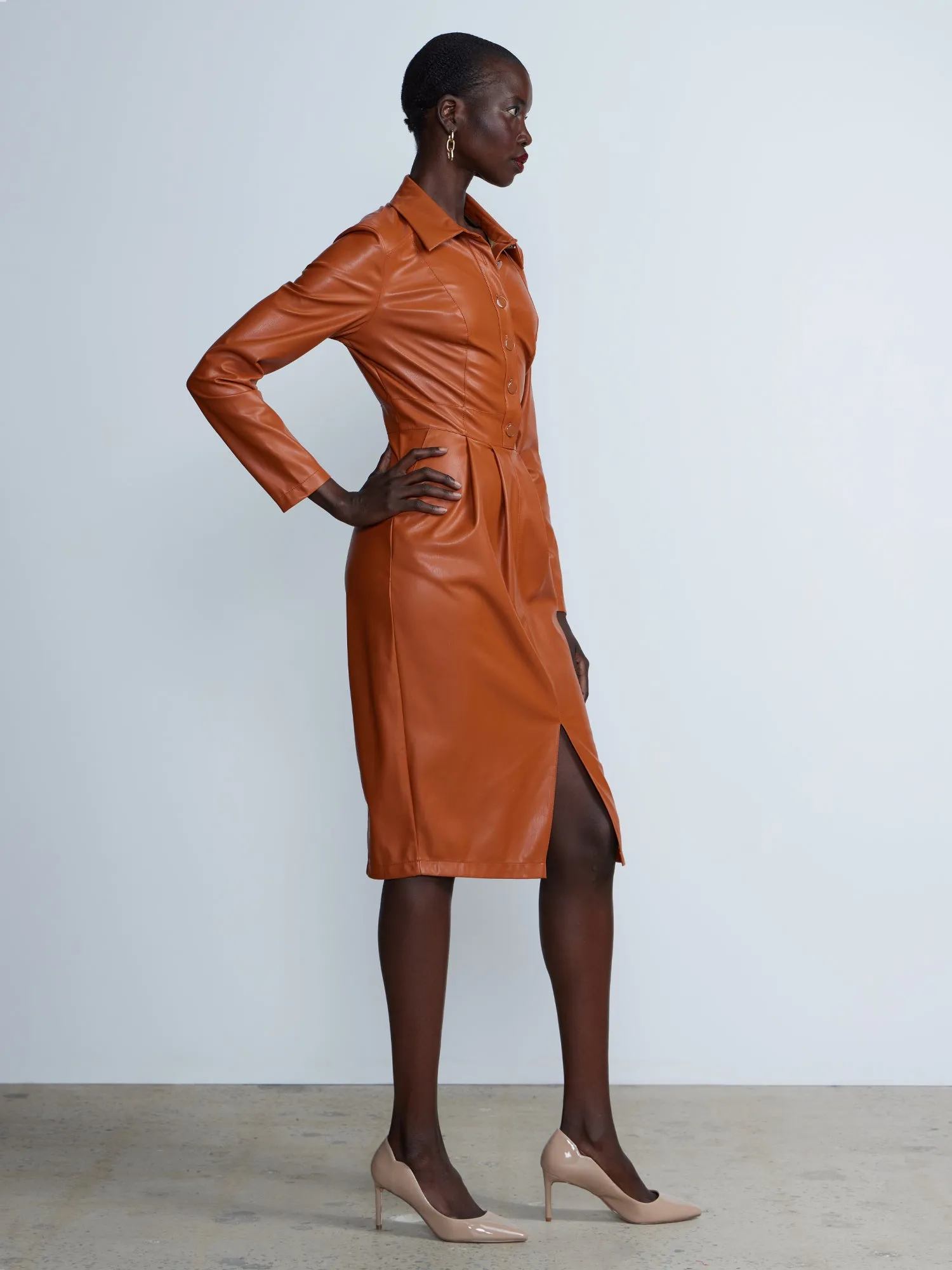 Faux Leather Collared Shirt Dress