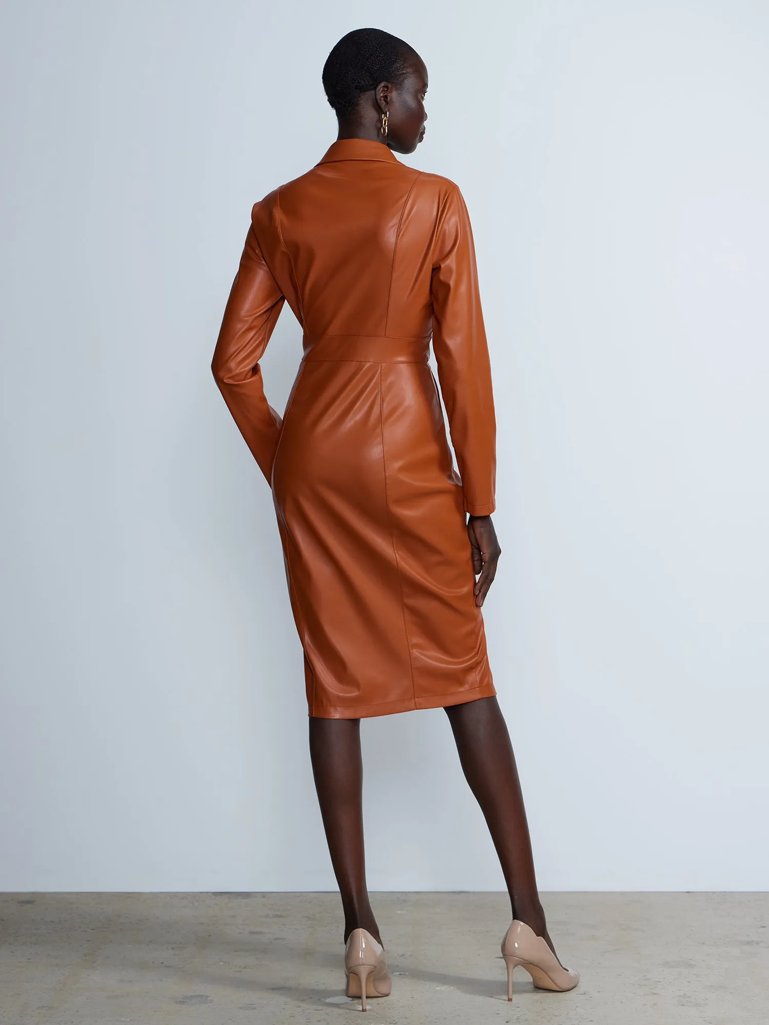Faux Leather Collared Shirt Dress
