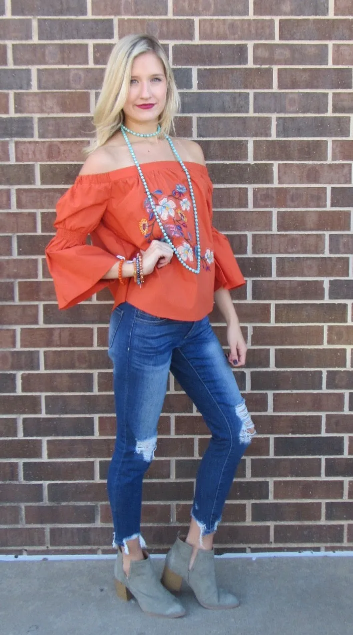 Flying Tomato DURANGO Embroidered Floral OffShoulder Poplin Top