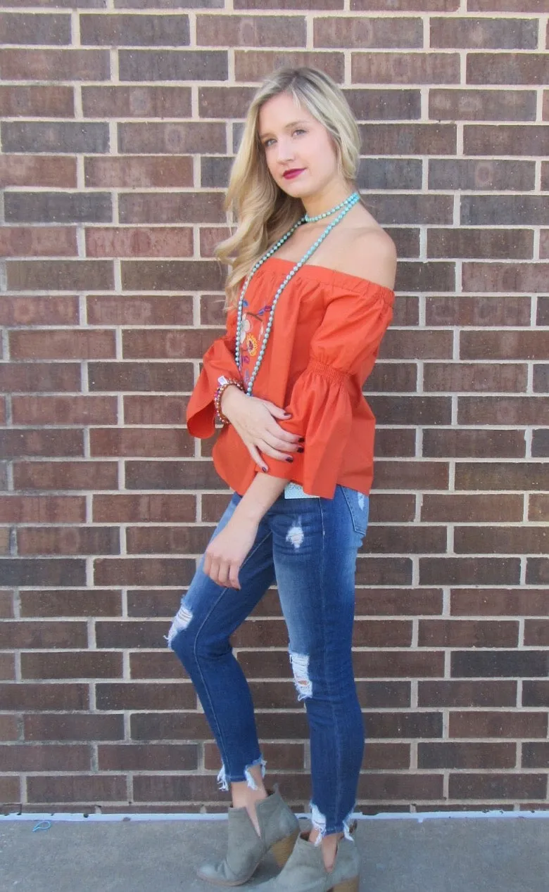 Flying Tomato DURANGO Embroidered Floral OffShoulder Poplin Top