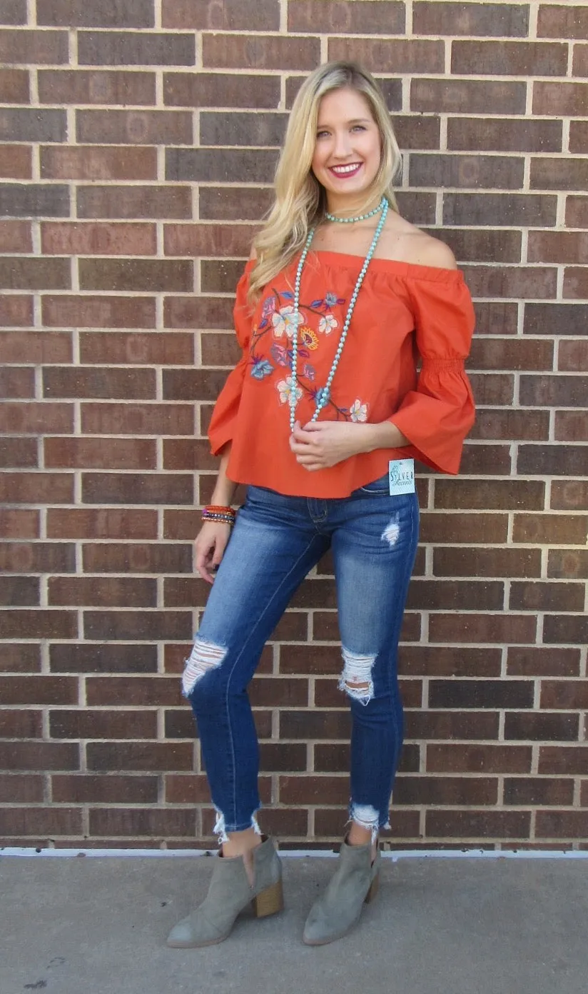 Flying Tomato DURANGO Embroidered Floral OffShoulder Poplin Top