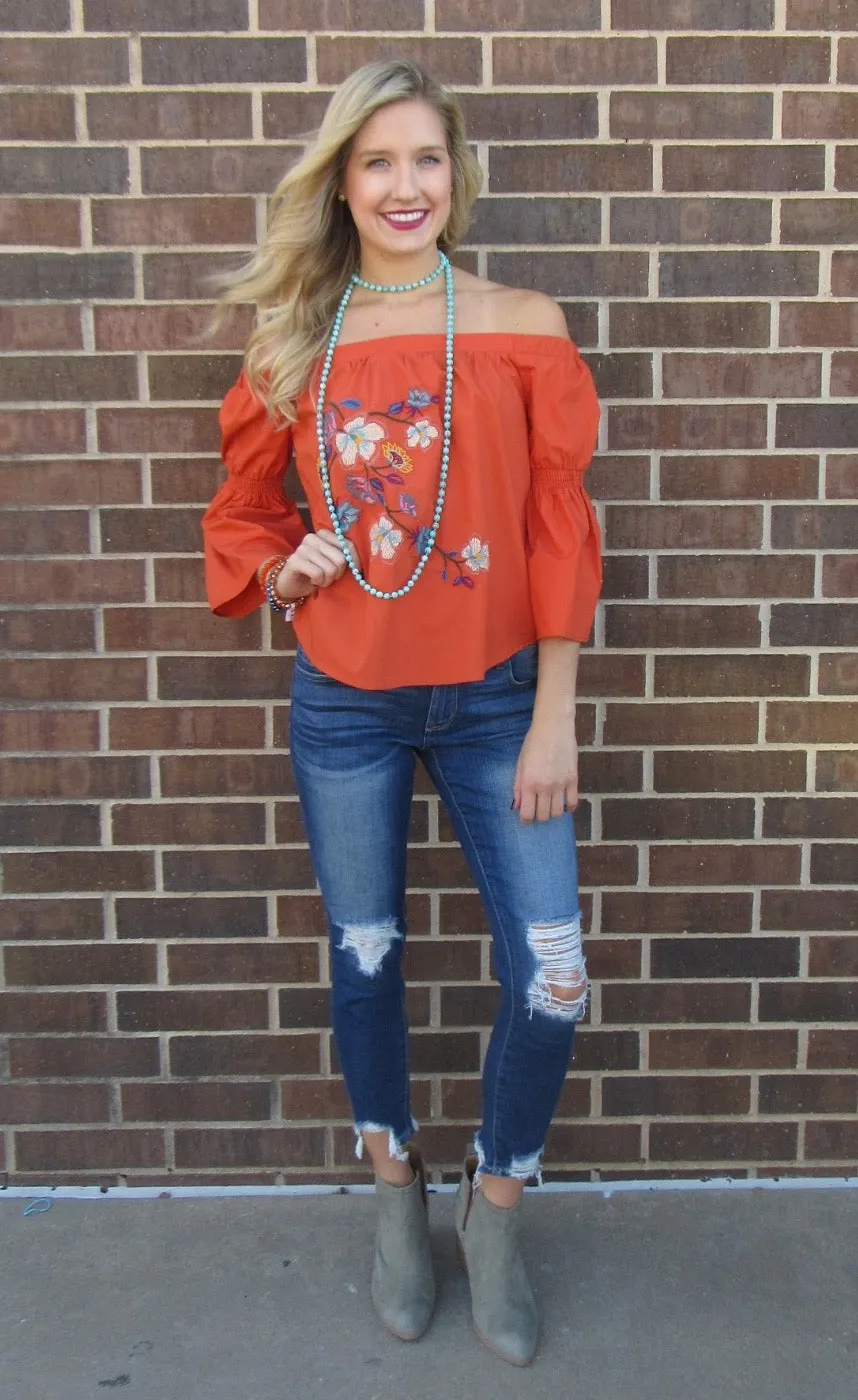 Flying Tomato DURANGO Embroidered Floral OffShoulder Poplin Top