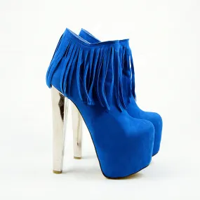Fringe Blue Suede High Heel Platform Boots