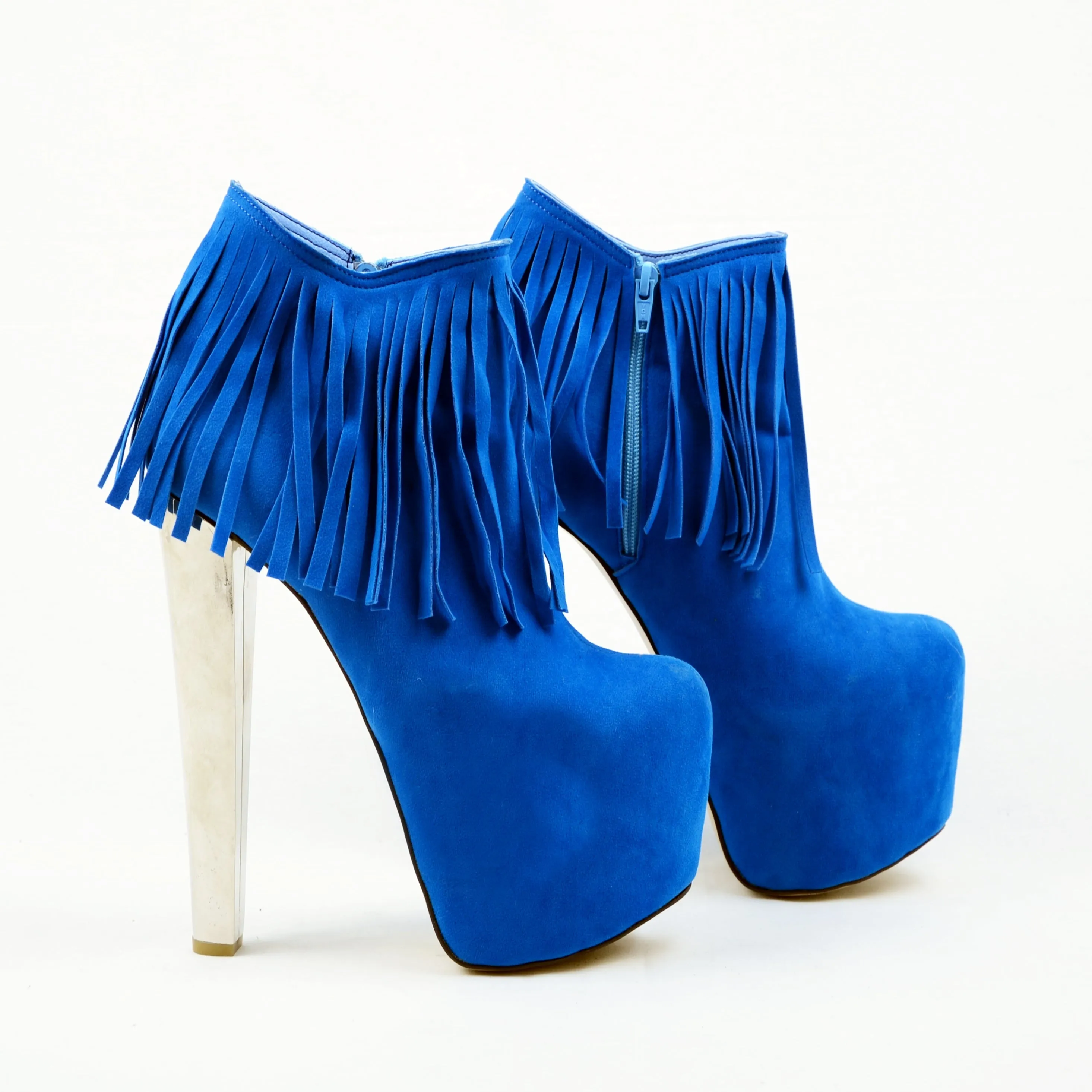 Fringe Blue Suede High Heel Platform Boots