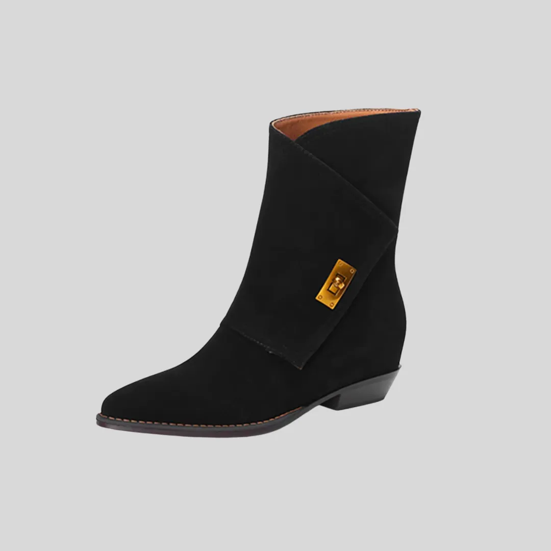 Golden Buckled Suede Ankle Boots - Black