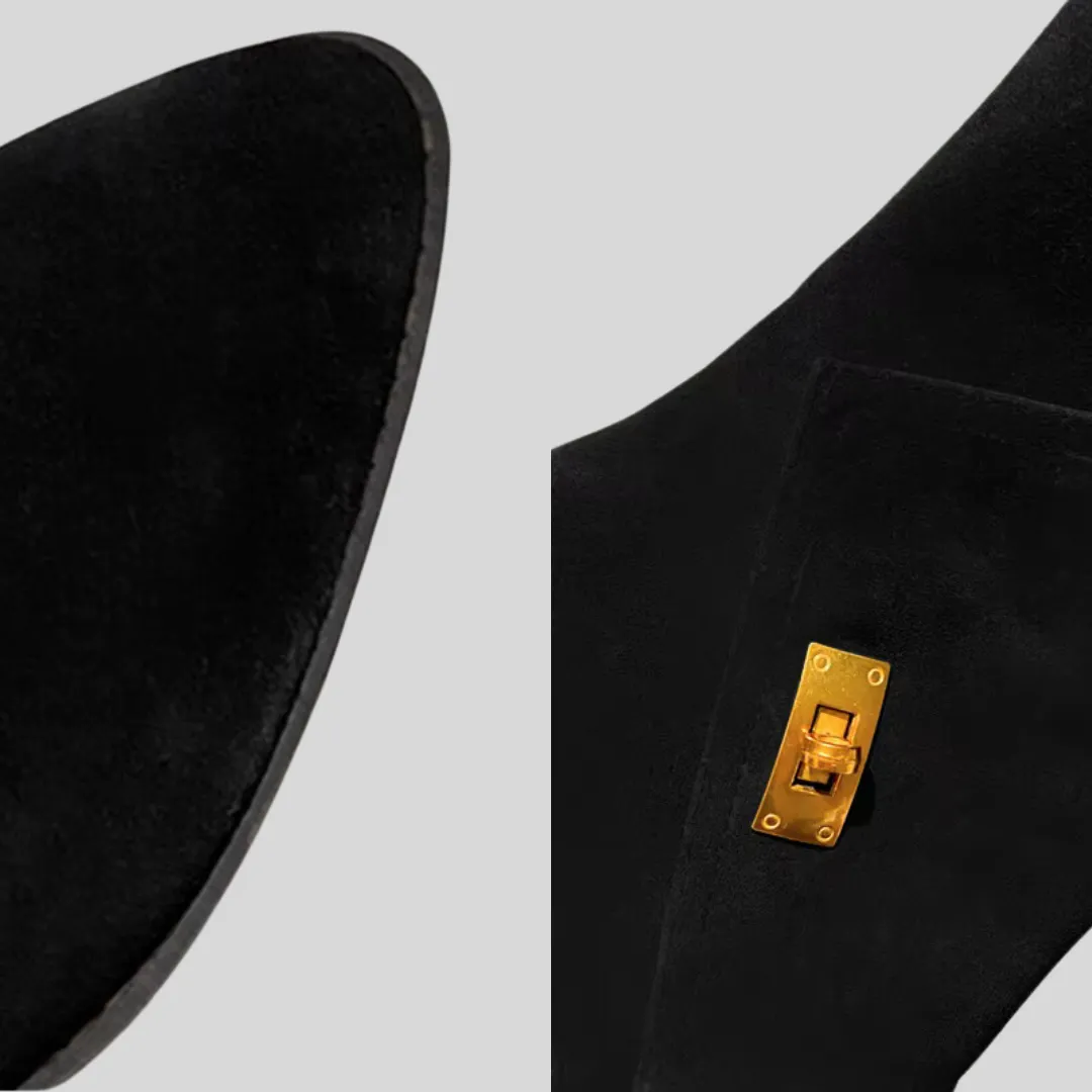 Golden Buckled Suede Ankle Boots - Black