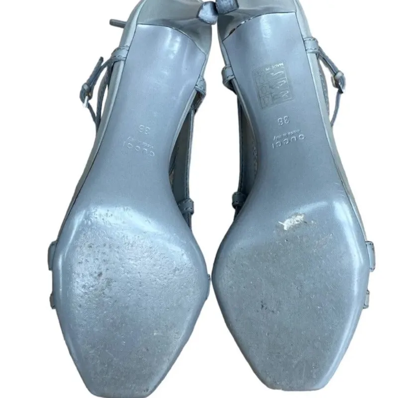 GUCCI Daryl Grey Leather Gladiator Cage Ankle Strap Mid Heel Sandals, Size 36