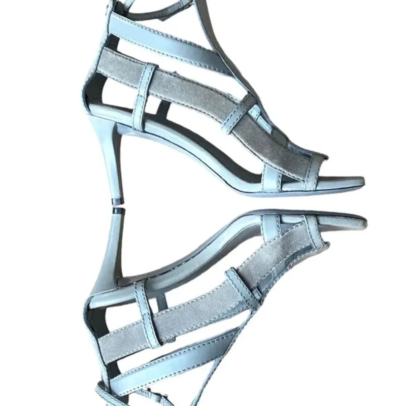 GUCCI Daryl Grey Leather Gladiator Cage Ankle Strap Mid Heel Sandals, Size 36