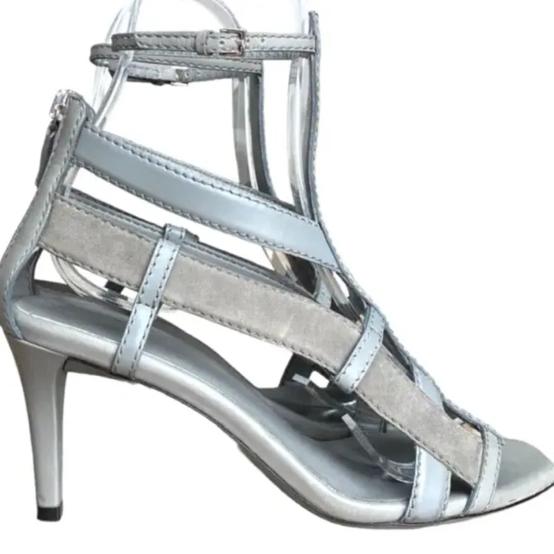 GUCCI Daryl Grey Leather Gladiator Cage Ankle Strap Mid Heel Sandals, Size 36