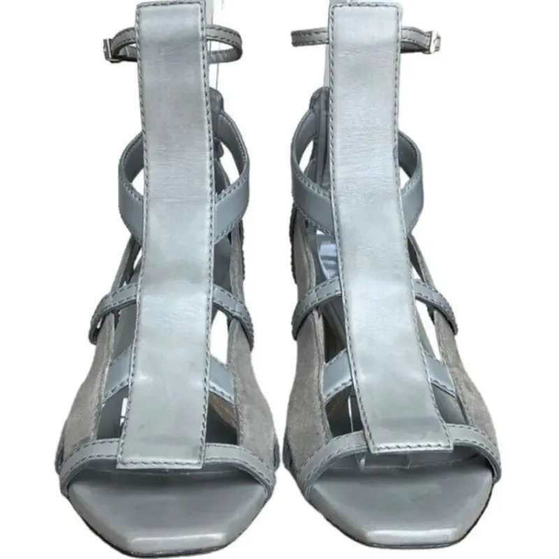 GUCCI Daryl Grey Leather Gladiator Cage Ankle Strap Mid Heel Sandals, Size 36