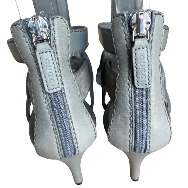 GUCCI Daryl Grey Leather Gladiator Cage Ankle Strap Mid Heel Sandals, Size 36