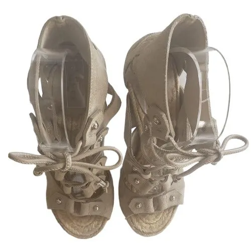 GUCCI Jasmine Beige Suede Lace Up Espadrille Heeled Sandals, Size 36.5