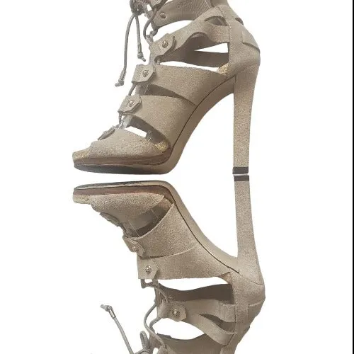 GUCCI Jasmine Beige Suede Lace Up Espadrille Heeled Sandals, Size 36.5
