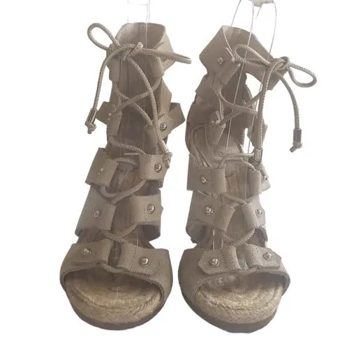 GUCCI Jasmine Beige Suede Lace Up Espadrille Heeled Sandals, Size 36.5