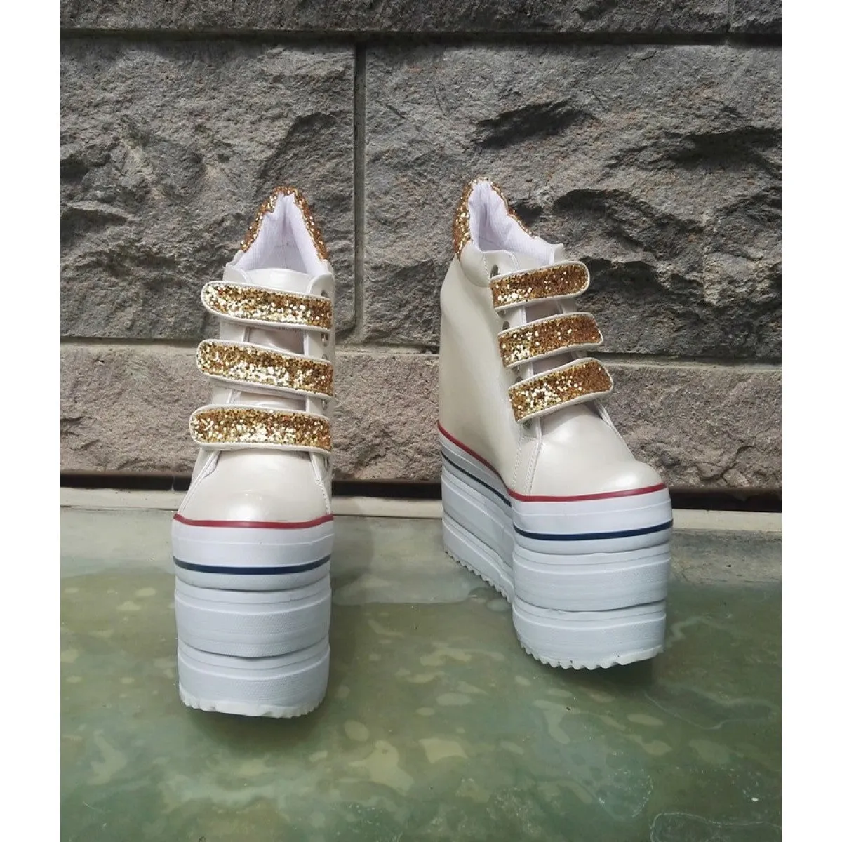 Ivory Hook Pile Sport High Heel Wedge Platform Shoes