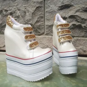 Ivory Hook Pile Sport High Heel Wedge Platform Shoes