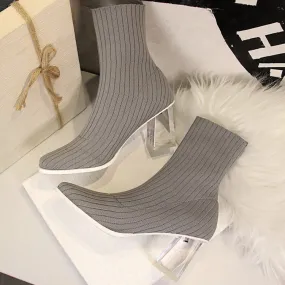 Luxury Clear Heel Fitted Sock Booties- Grey & Black