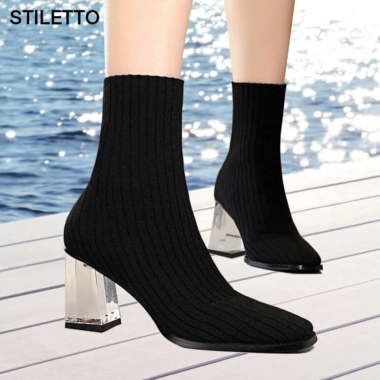 Luxury Clear Heel Fitted Sock Booties- Grey & Black