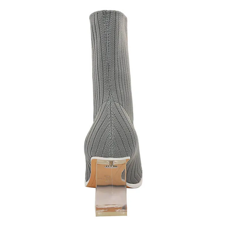 Luxury Clear Heel Fitted Sock Booties- Grey & Black