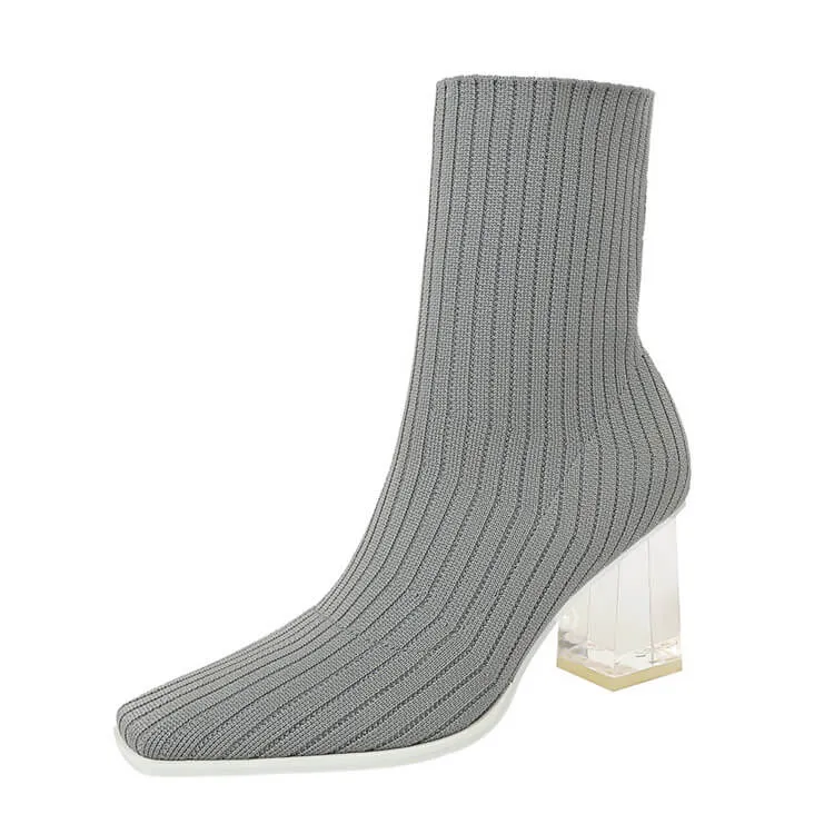 Luxury Clear Heel Fitted Sock Booties- Grey & Black