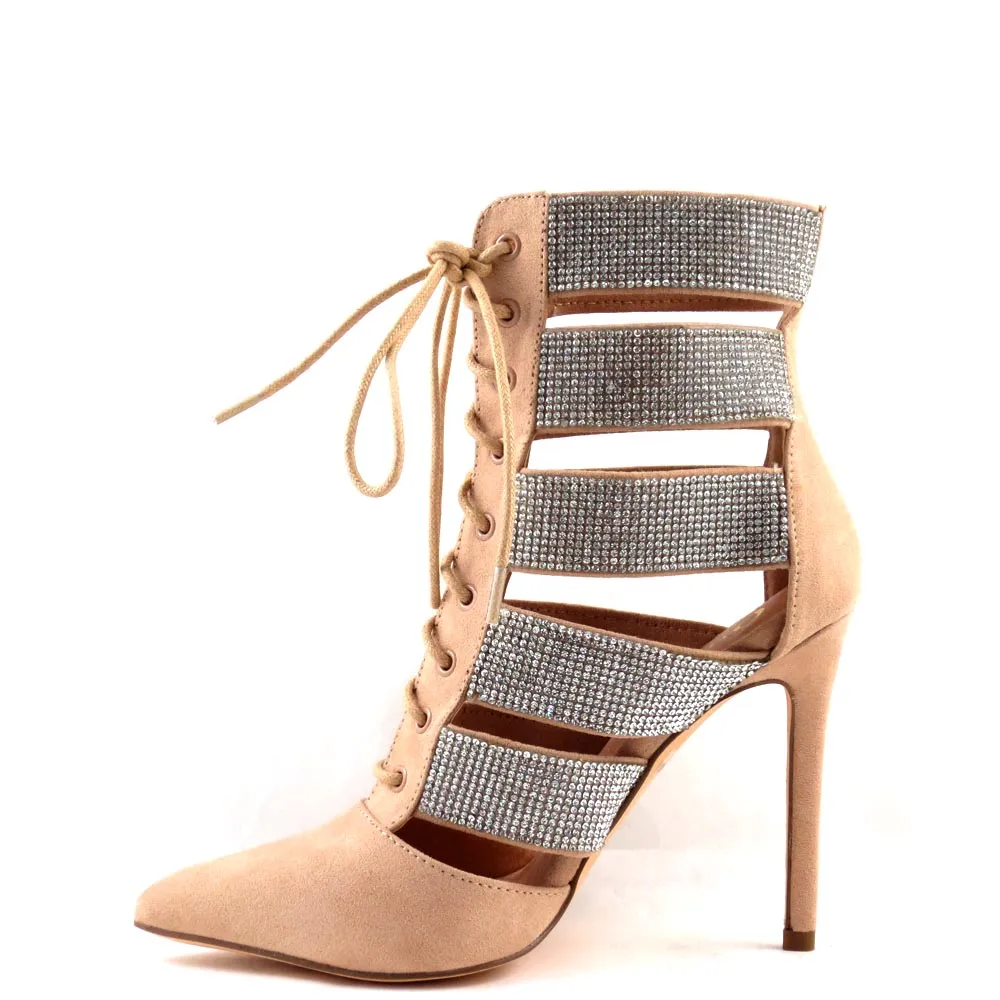 Olivia Jaymes Rhinestone Detail Sides Lace Up Booties - Karma