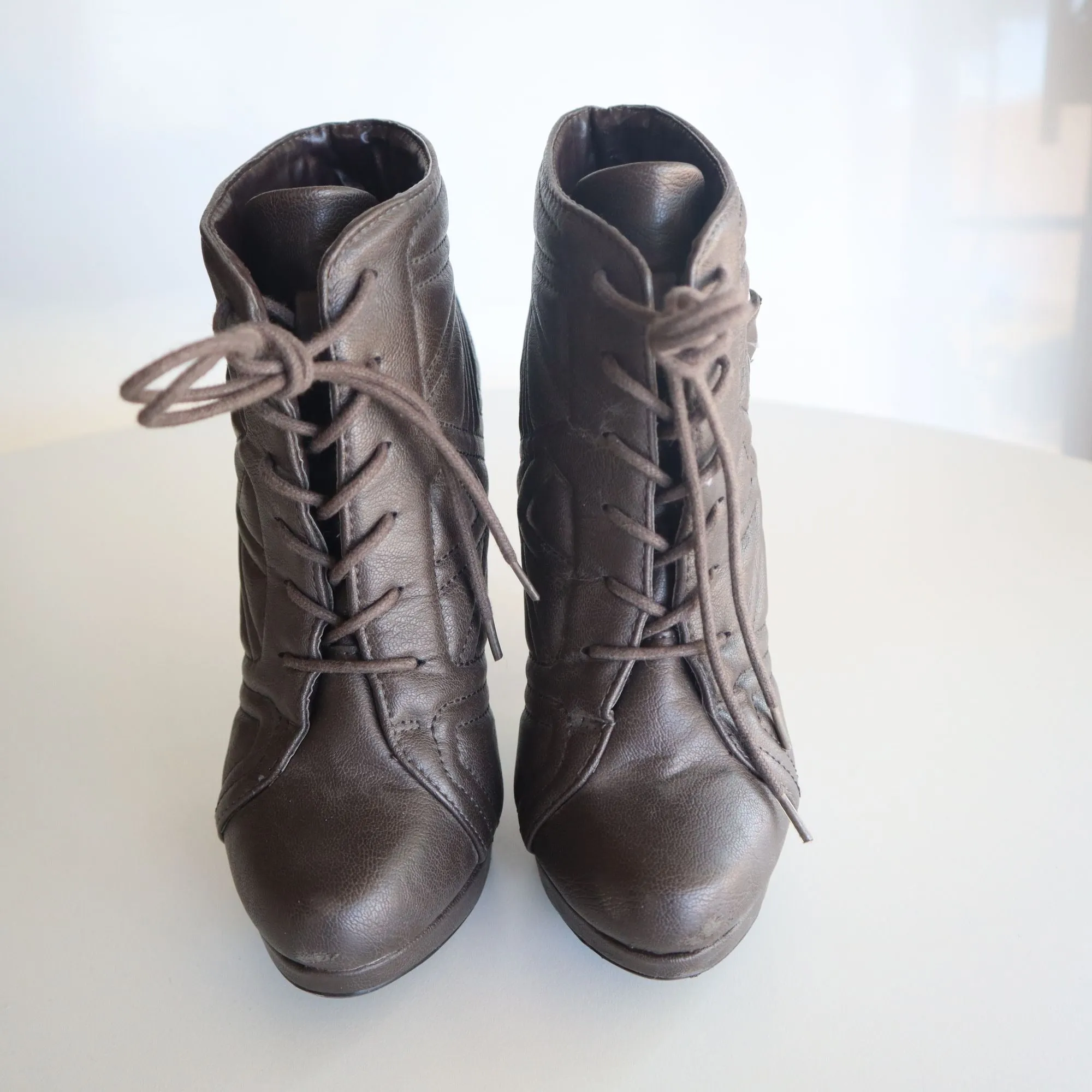 Paprika Brown Faux Leather High Heel Ankle Booties With Lace-Up & Buckle Detail