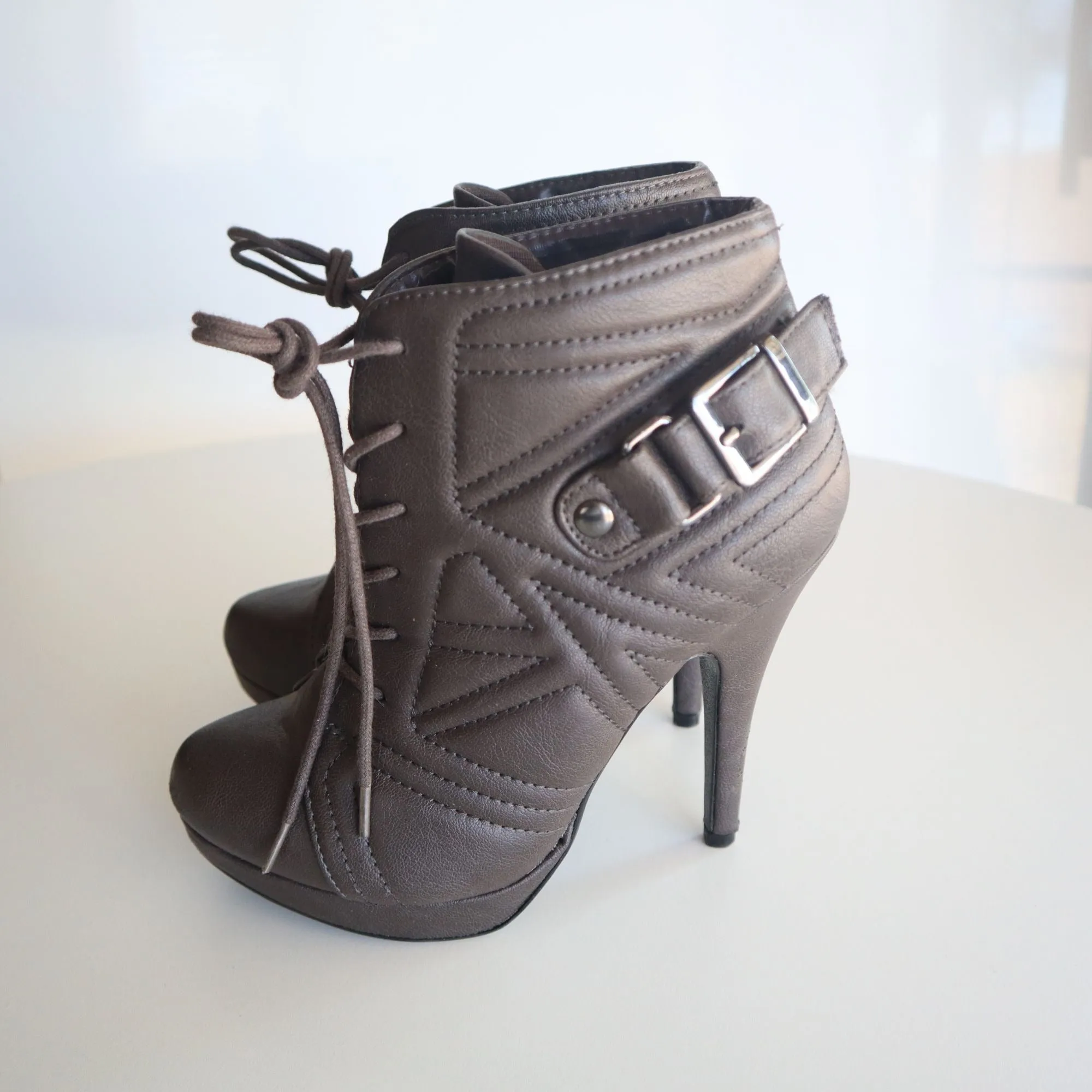 Paprika Brown Faux Leather High Heel Ankle Booties With Lace-Up & Buckle Detail