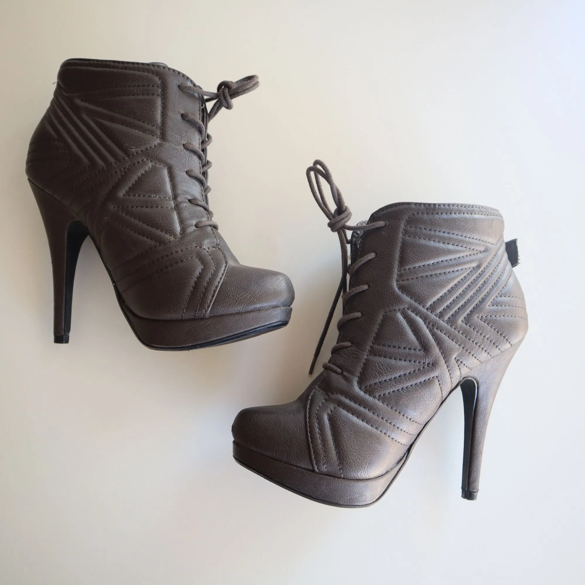 Paprika Brown Faux Leather High Heel Ankle Booties With Lace-Up & Buckle Detail