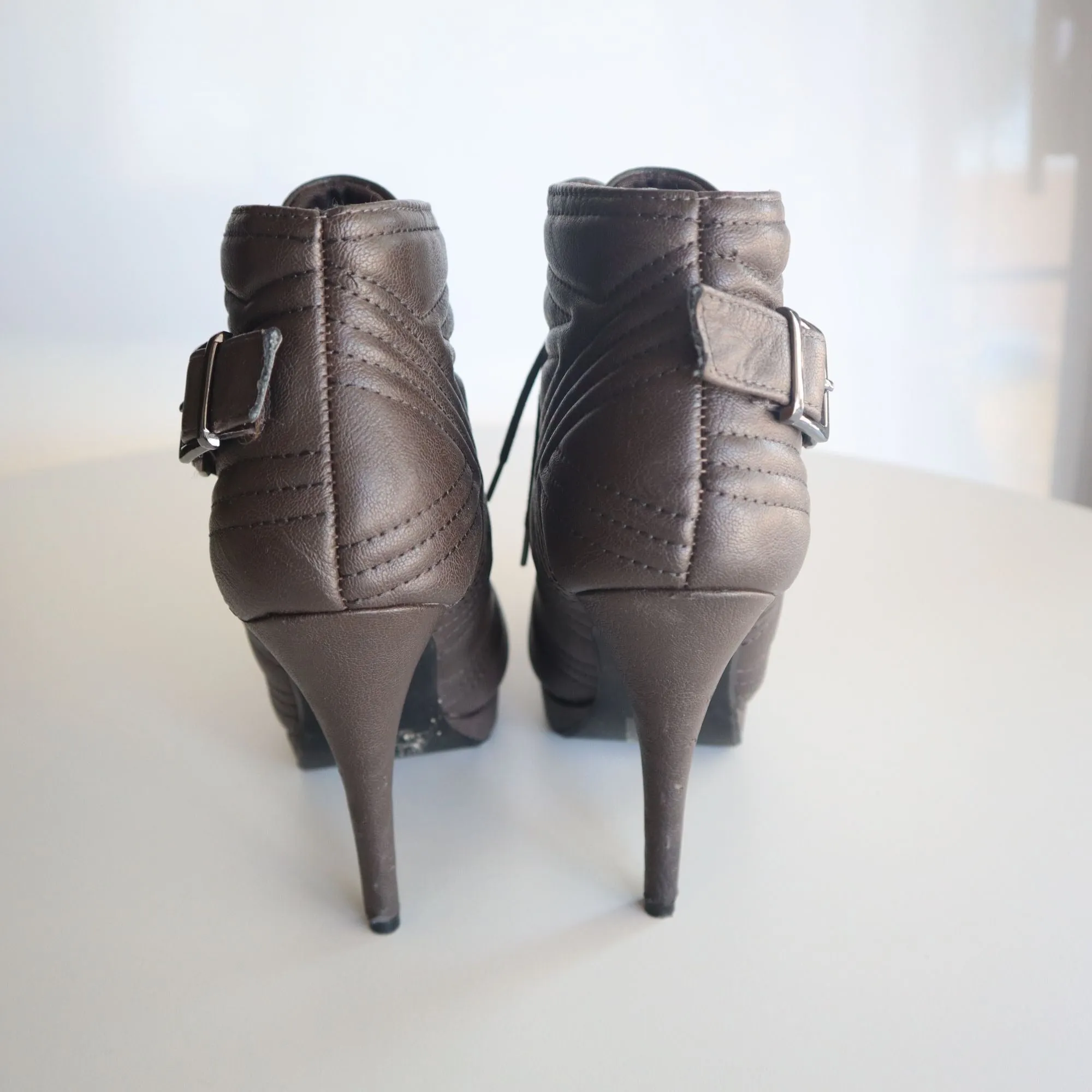 Paprika Brown Faux Leather High Heel Ankle Booties With Lace-Up & Buckle Detail