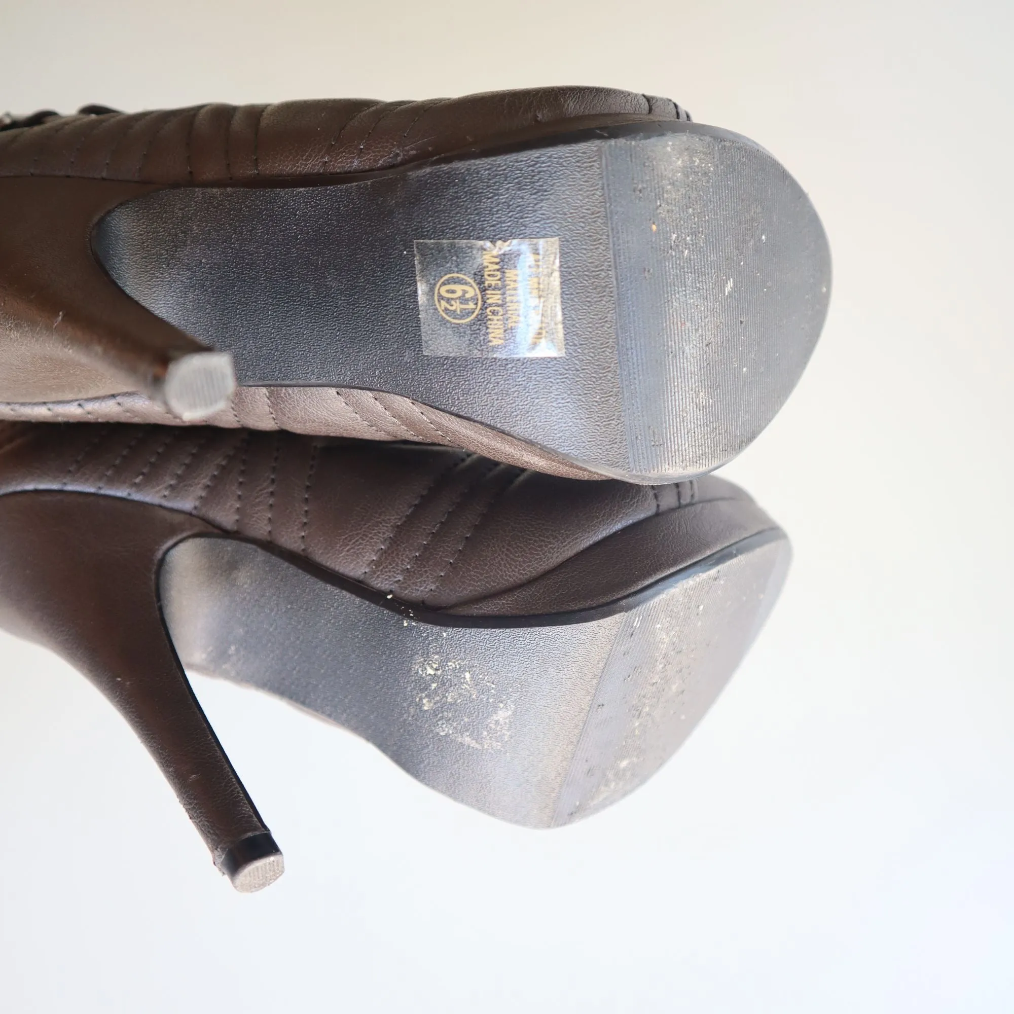 Paprika Brown Faux Leather High Heel Ankle Booties With Lace-Up & Buckle Detail