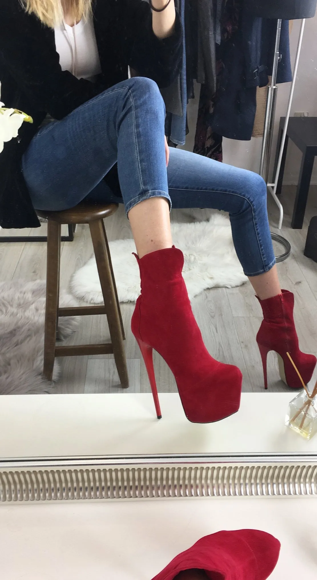 Red Suede High Heel Platform Boots